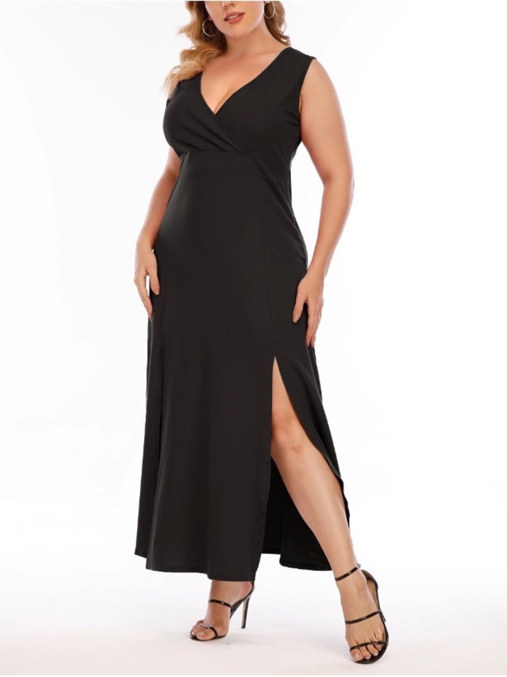 Sleeveless Black V-Neck Maxi Dress with Side Slit